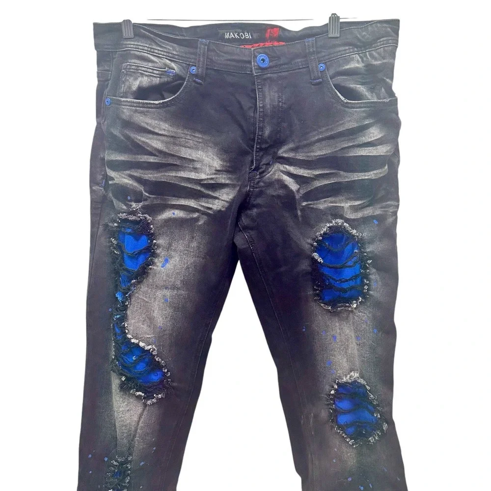 MAKOBI M1969 BONDI SHREDDED JEANS - (BLACK/ Blue) Size 36‎ x 32